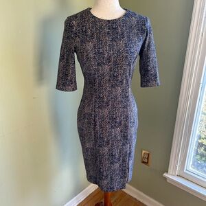 Tweed look fitted dress by Trucco blk/brown 6. Elbow sleeve, small front slit.